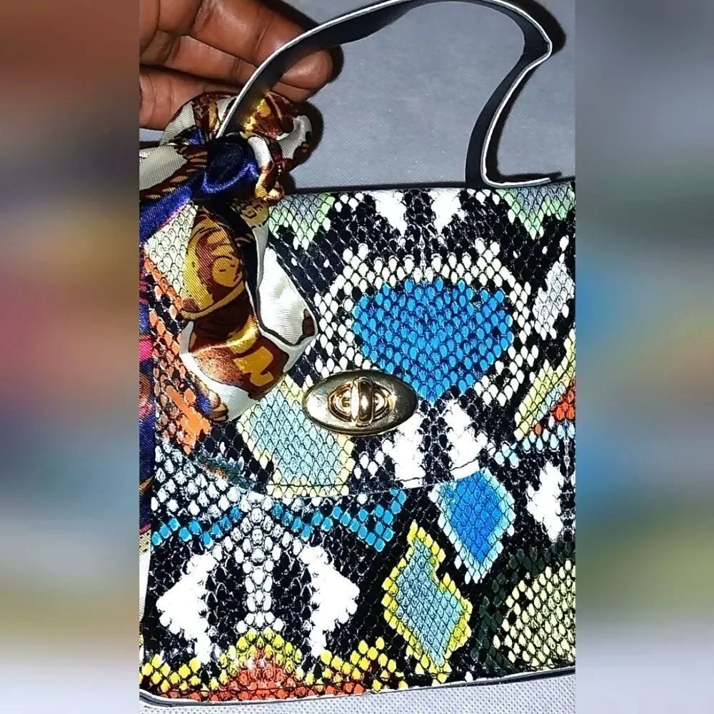 Women's Mini Snakeskin Embossed Handbag, Twilly Scarf Decor Flap Square Purse